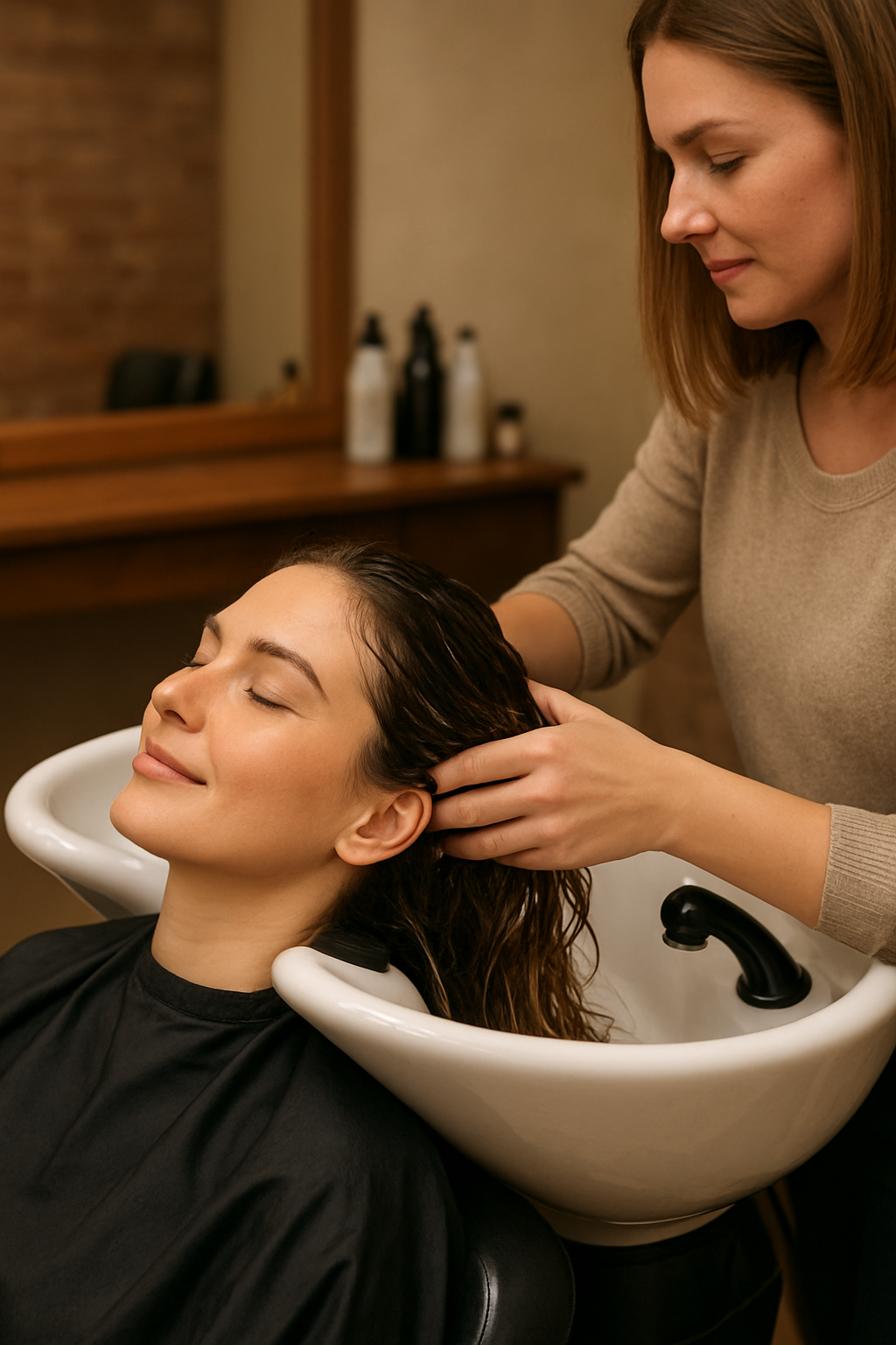 A woman is getting her hair washed at a salon, reclining with her eyes closed, as a stylist massages her scalp.