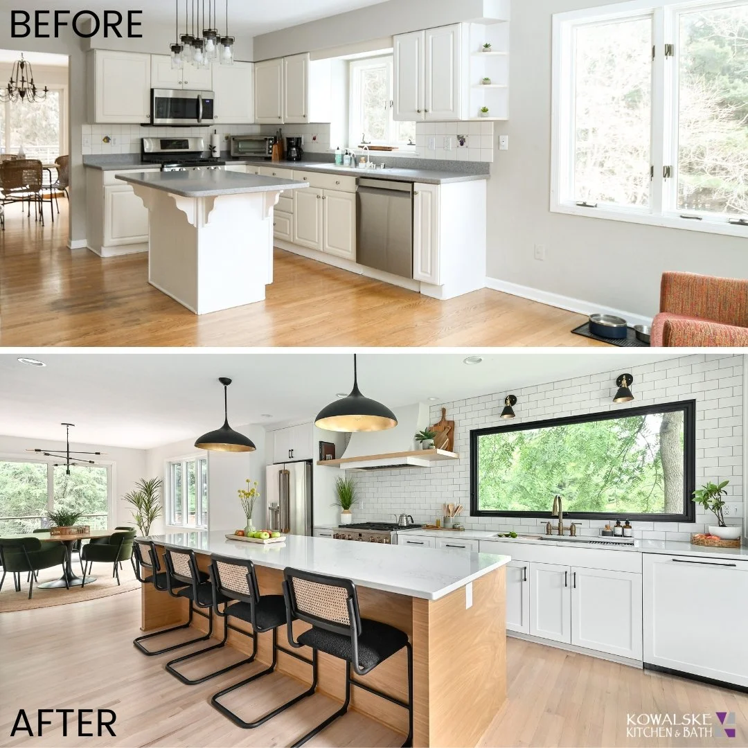 Comparison of kitchen space before and after renovation. The before image shows a traditional kitchen with white cabinets, gray countertops, and hardwood floors. The after image features a modern kitchen with white cabinetry.
