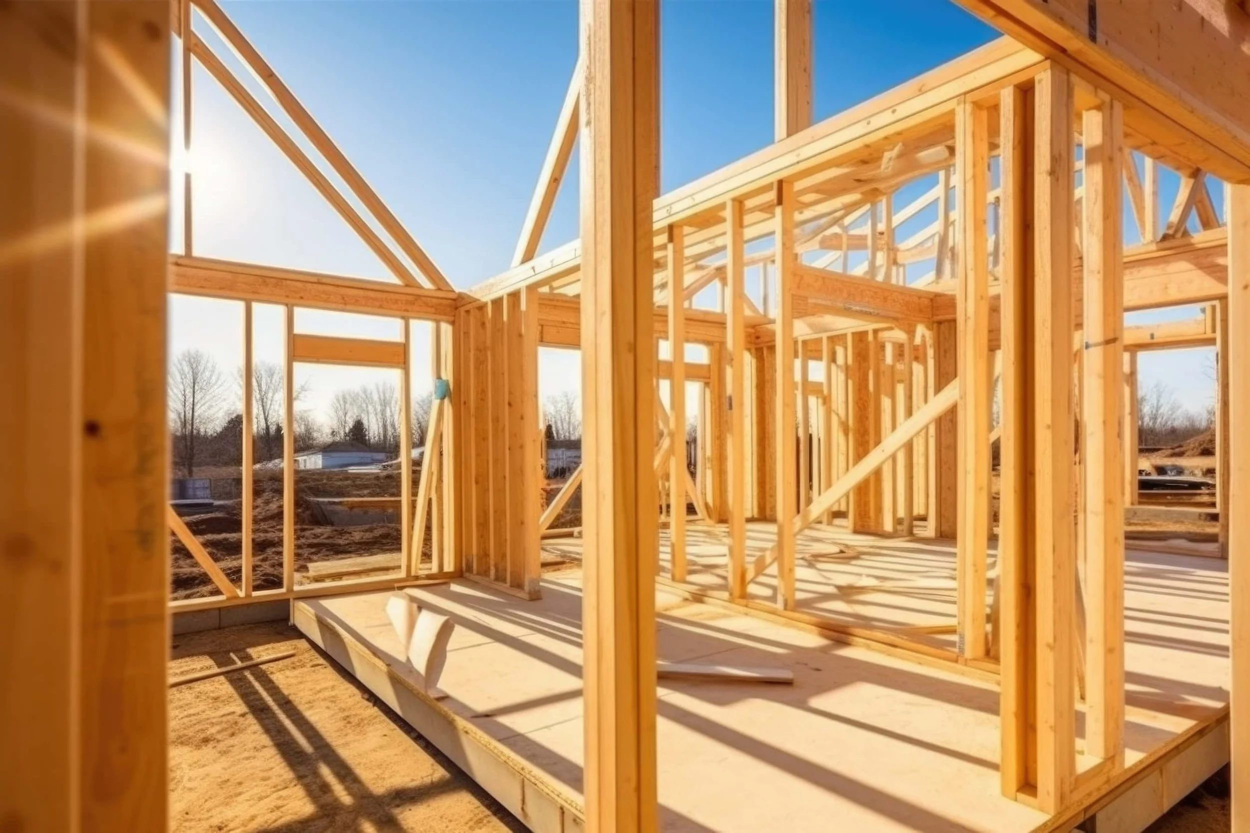 Construction site with wooden framing of a building.