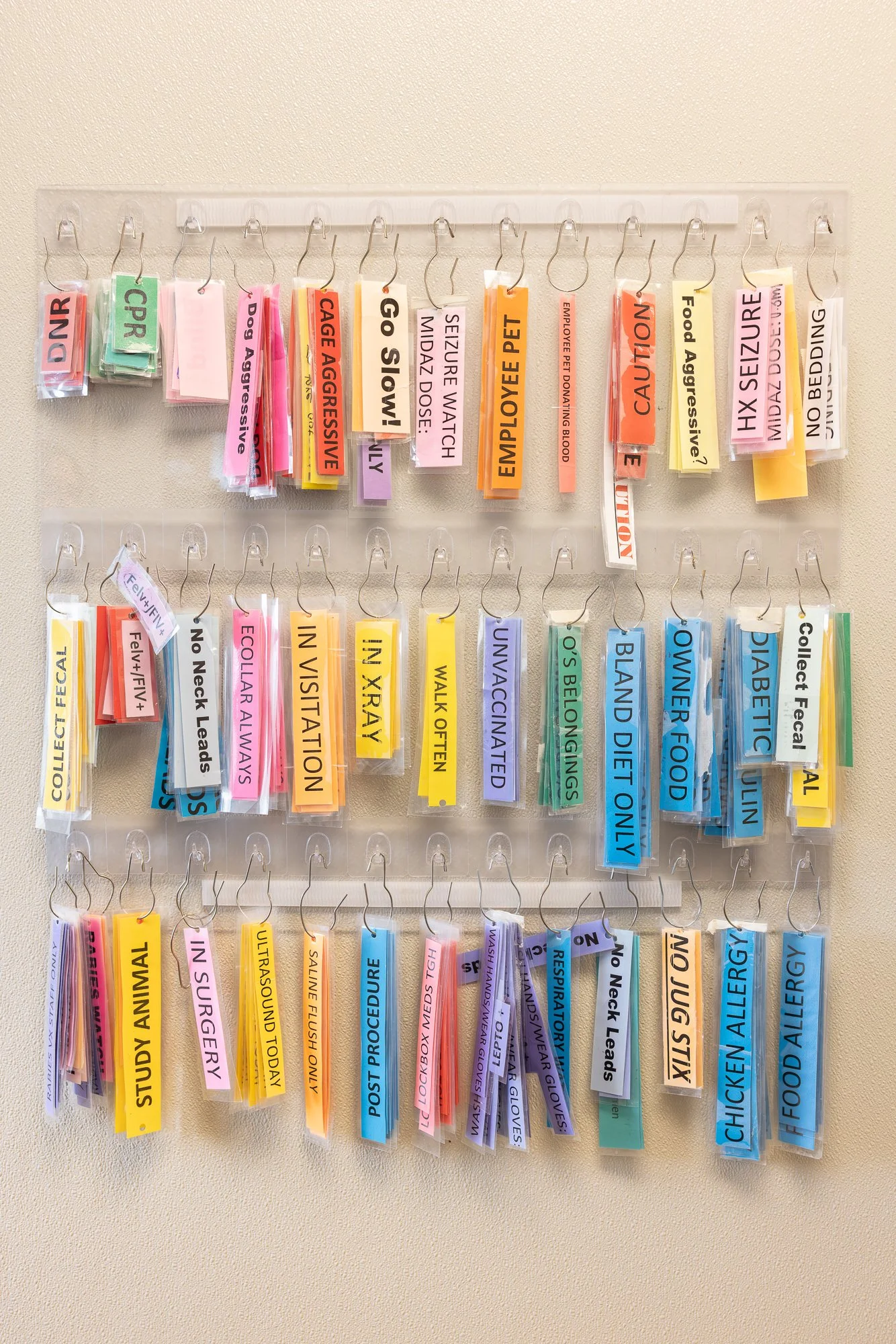 A wall-mounted organizer with multiple rows of colored labels on hooks, used for sorting and storing various tags related to dog and pet care, with labels including 'DNR,' 'CPR,' 'Dog Aggressive,' 'Go Slow,' 'Employee Pet,' 'Food Seizure,' 'nx Seizure,' 'No Bedding,' and other dog health or safety tags.