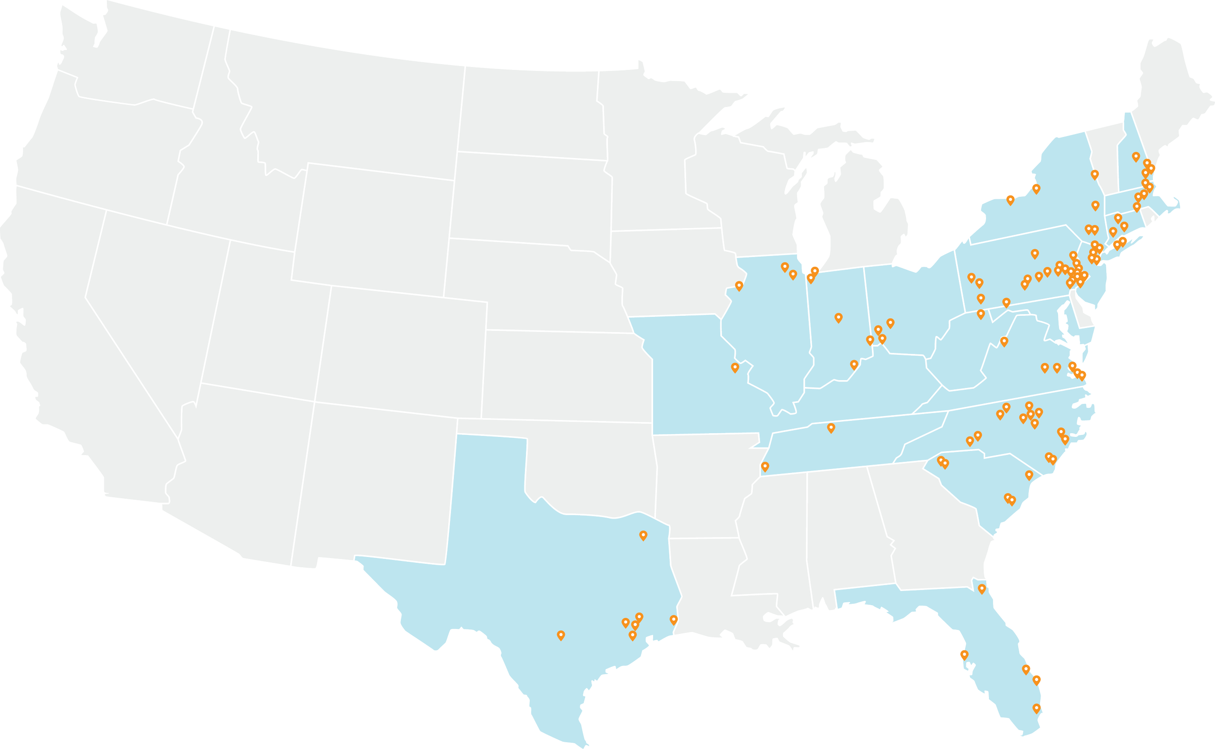 Map of the United States with various locations marked by orange pins, primarily in the East Coast, Midwest, and Southeast regions.
