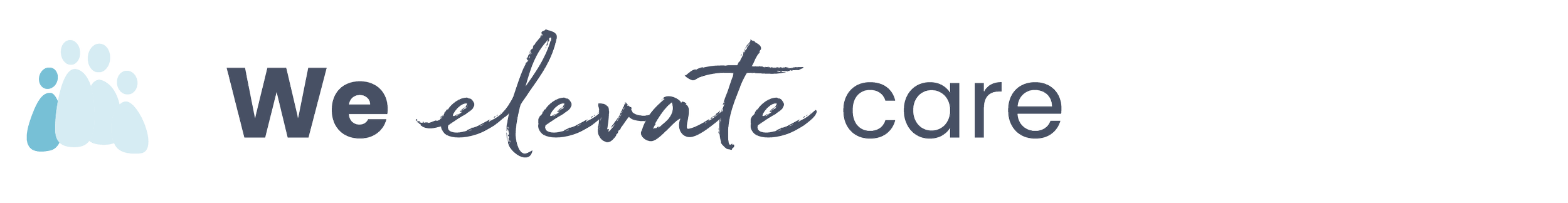 Logo featuring stylized silhouettes of people and the text 'We elevate care' in a mix of print and cursive fonts.