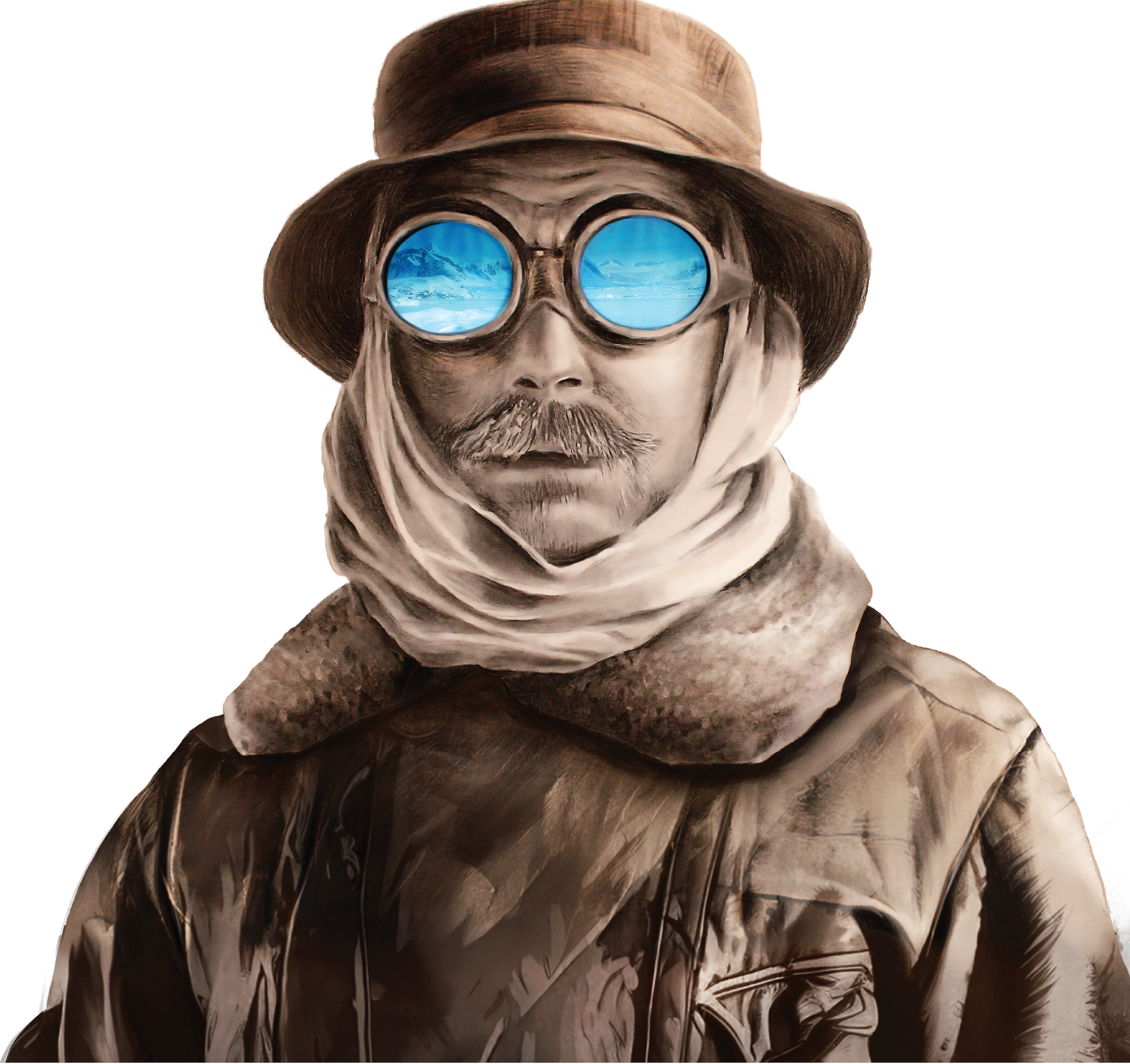 A person dressed as an explorer with round reflective goggles showing icy mountains and water, a wide-brimmed hat, a scarf, and a leather jacket.