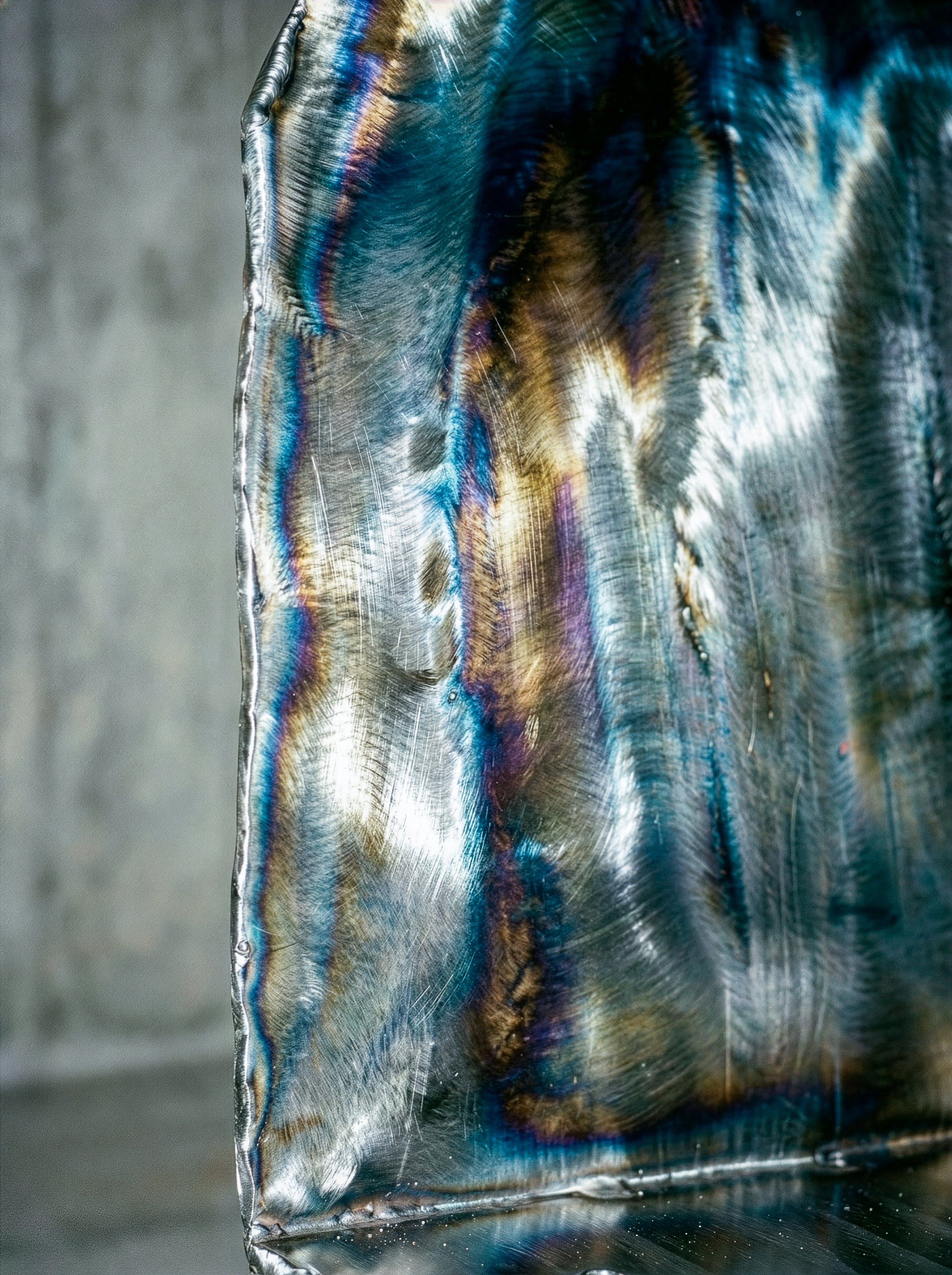 Surface en métal avec des reflets colorés, probablement de l'irisation, sur un fond gris