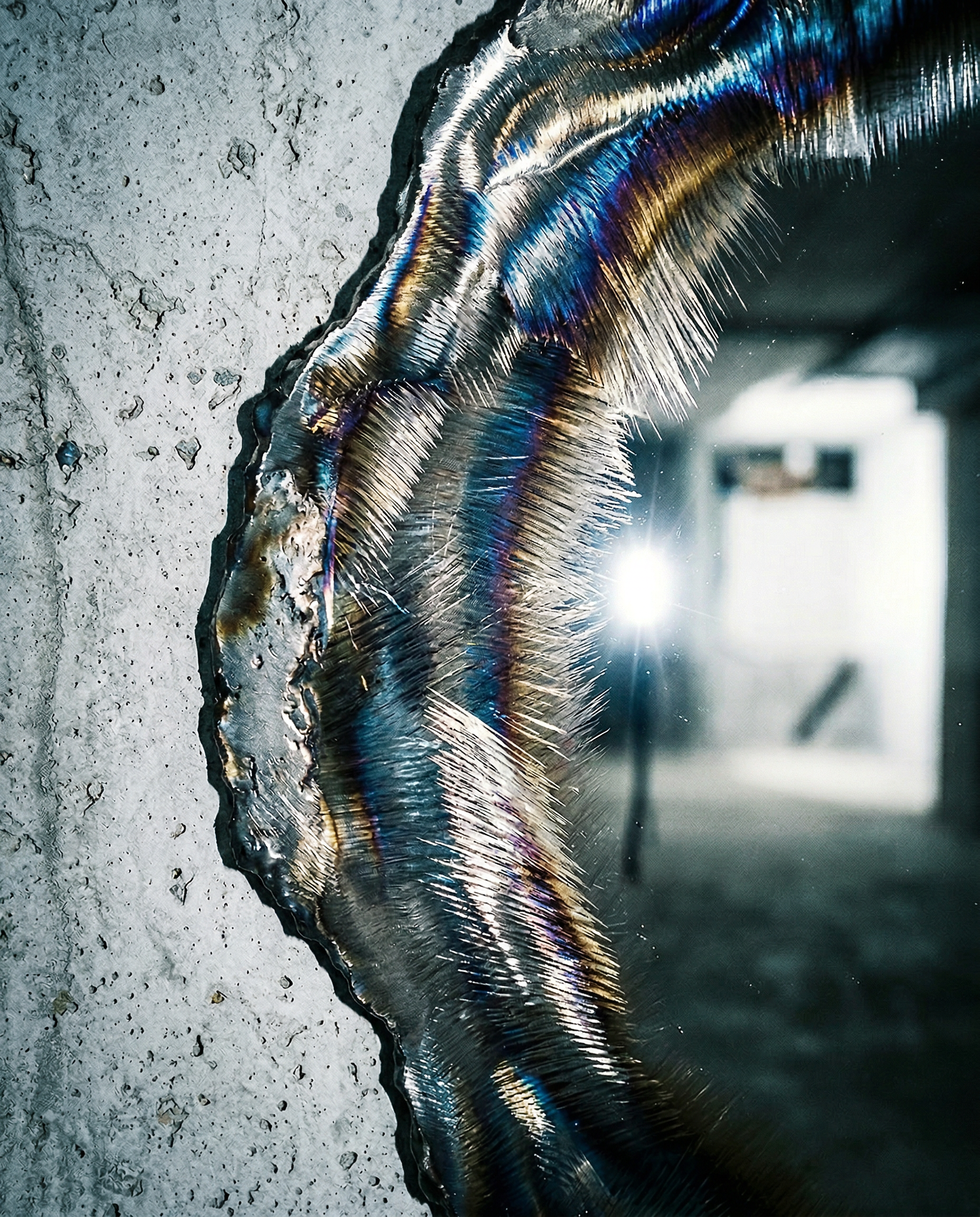 Une pièce de verre brisée avec des reflets iridescents, vue en gros plan.  PAUL HARDY