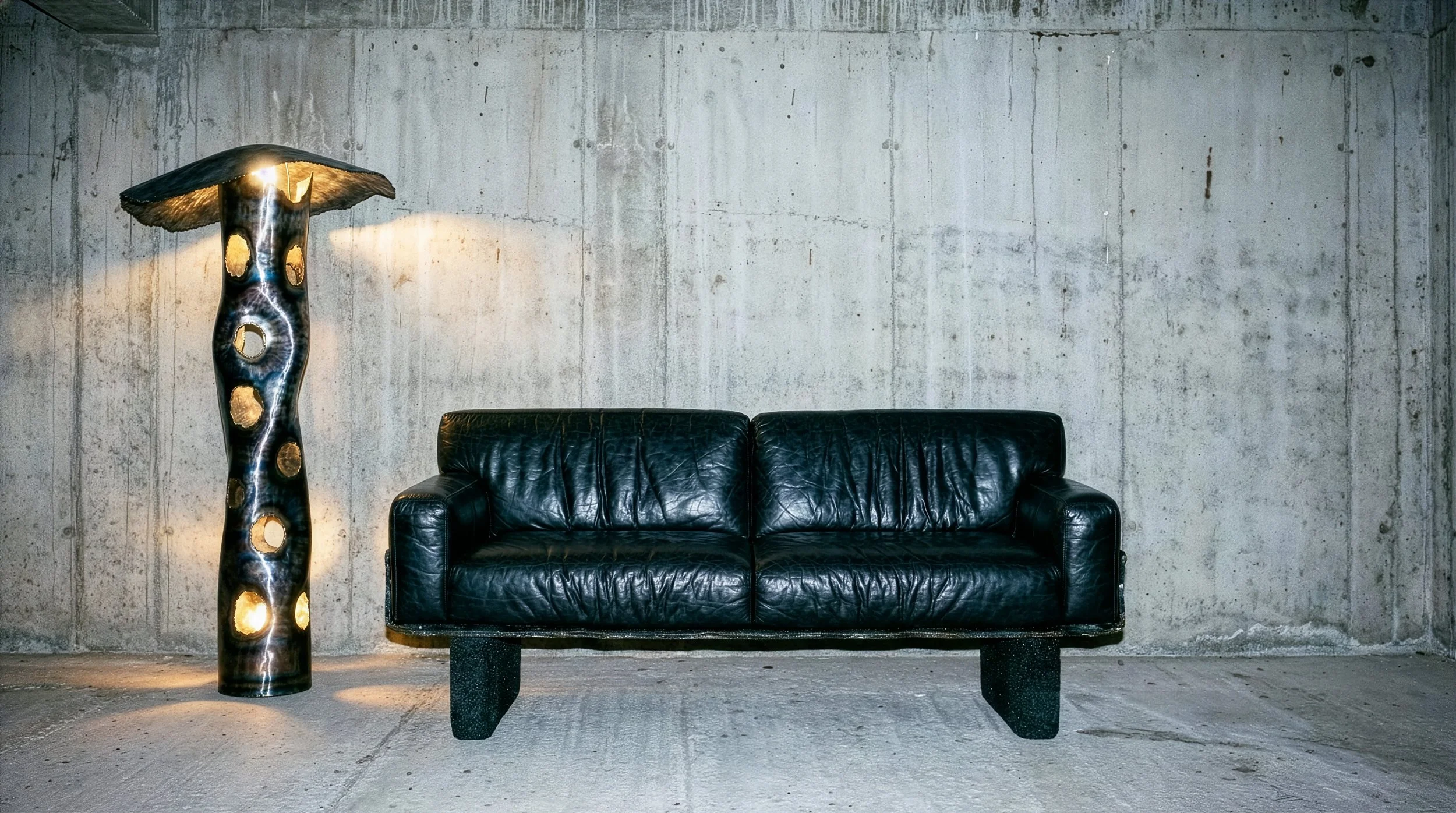 Canapé en cuir noir et lampe en bois avec des trous dans un mur en béton.
