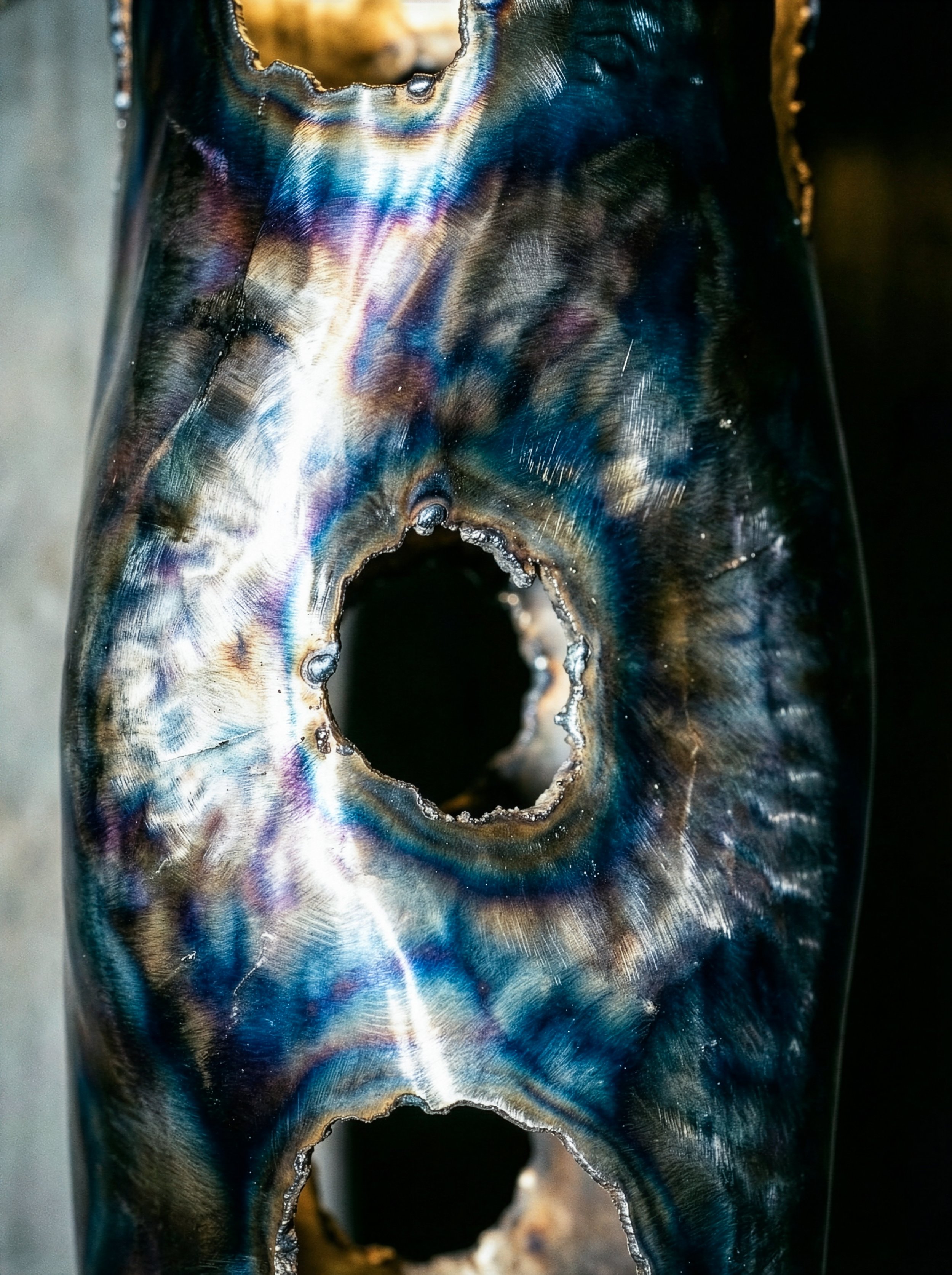 Une composition métallique avec des couleurs iridescentes, présentant deux grands trous alignés verticalement, créant une forme abstraite.  PAUL HARDY