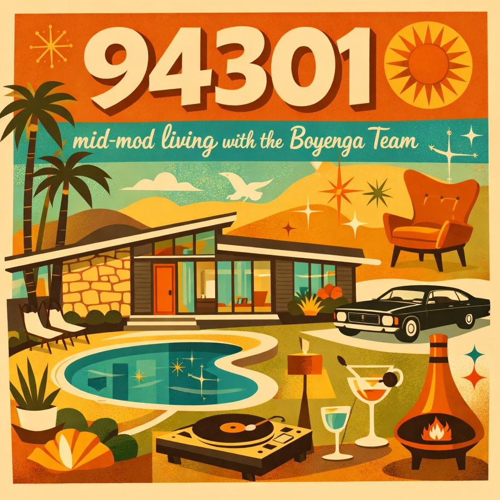 Colorful retro-style illustration of a mid-century modern house with a swimming pool, palm trees, a vintage car, lounge chairs, a fireplace, DJ turntable, cocktails, a chair, and decorative elements, with the text '94301 mid-mod living with the Boyenga Team' at the top.