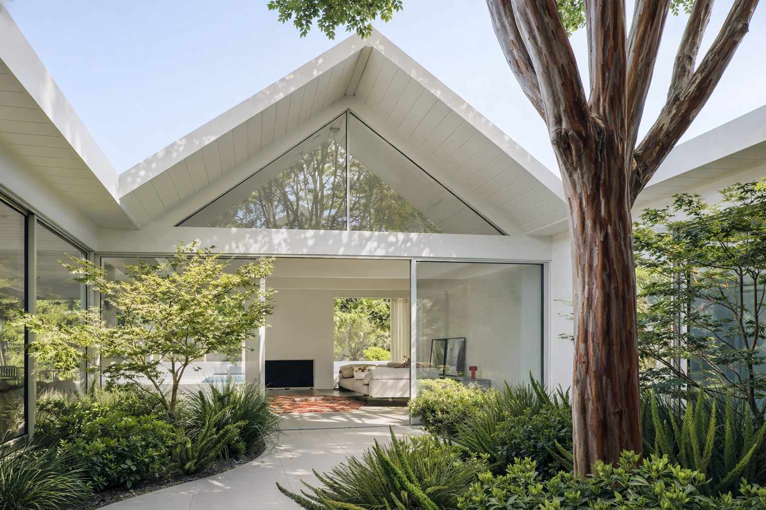 Modern house with large glass windows, exterior garden with lush green plants, and a large tree on the right side.