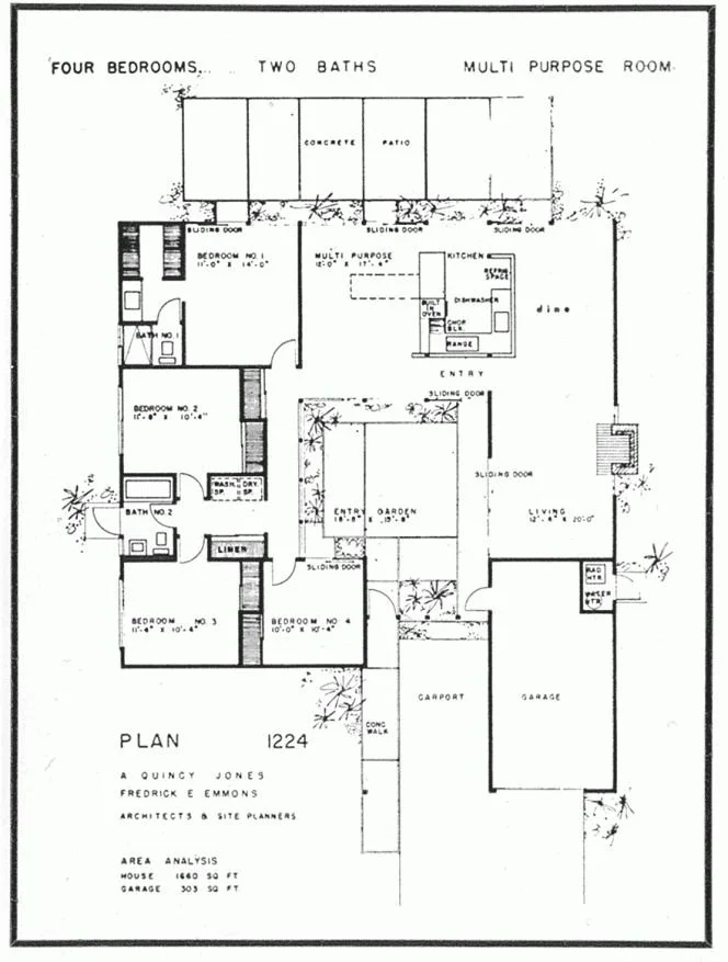 Floor plan of a house with four bedrooms, two bathrooms, a multi-purpose room, and an attached garage, showing room layouts and door placements.