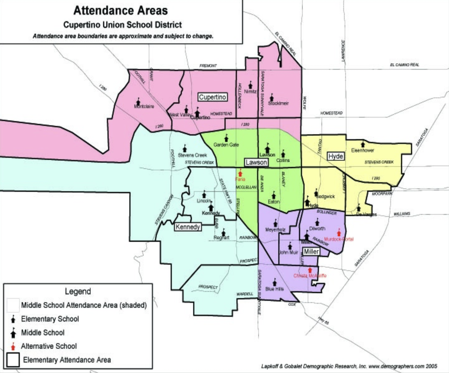 Map of Cupertino Union School District showing attendance areas for elementary, middle, and alternative schools, with color-coded zones and symbols representing schools and attendance boundaries.
