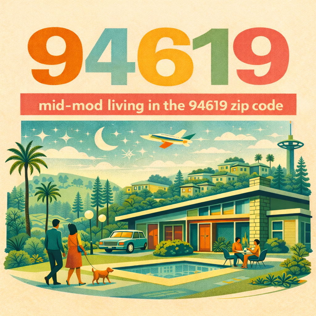 Illustration of a mid-century modern home in a hilly, lush landscape with palm trees, a swimming pool, two people walking a dog, and two people sitting at a table outside. An airplane flies overhead and a tower is in the distance under a starry sky.