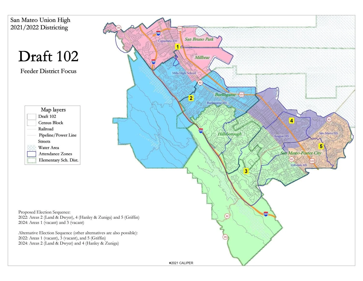 Map of San Mateo Union High School District showing draft 102 school zones for 2021/2022, with color-coded attendance zones, streets, railroads, water areas, and elementary school districts, numbered zones 1 to 5.