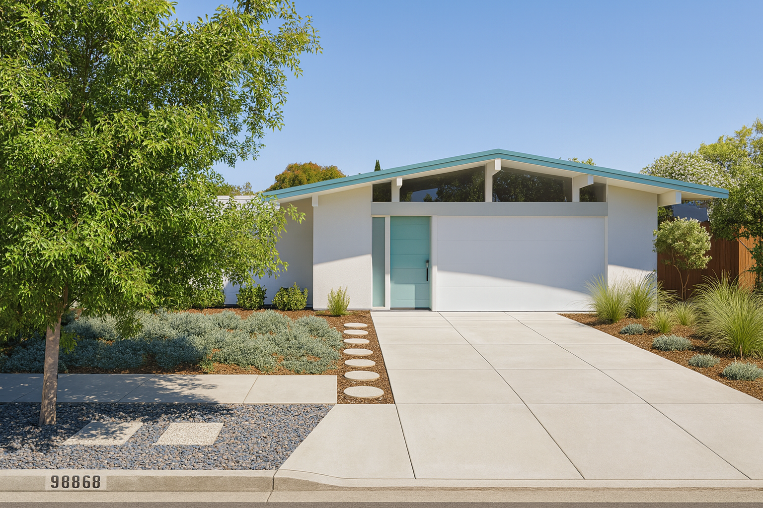 Modern white house with a light blue door and a sloped roof, surrounded by landscaped yard with small bushes, trees, and paved walkway, under clear blue sky.
