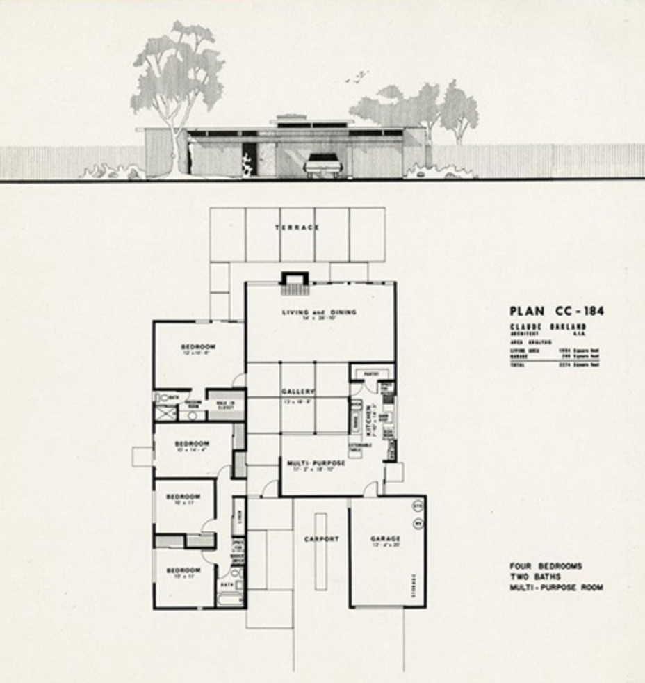Architectural floor plan of a residential house featuring four bedrooms, two bathrooms, a multi-purpose room, a living and dining area, kitchen, gallery, terrace, carport, and garage.