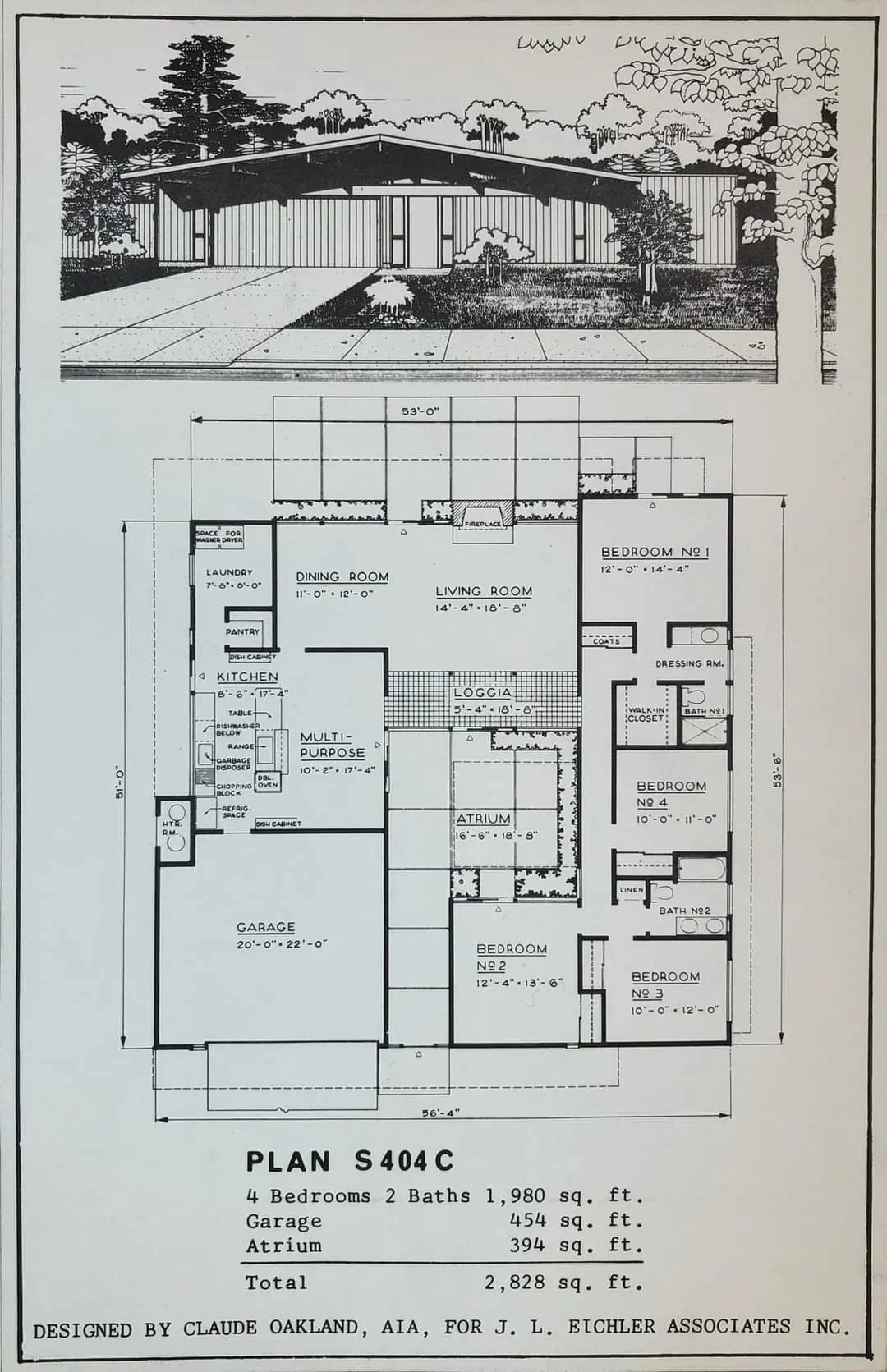 Architectural blueprint of a single-story house with a front yard, driveway, and trees. The floor plan shows four bedrooms, two bathrooms, living and dining rooms, kitchen, laundry, garage, atrium, loggia, and multi-purpose room.