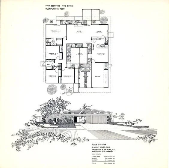 Architectural blueprint of a single-story house featuring four bedrooms, two bathrooms, and a multipurpose room, with an elevation view of the house surrounded by landscaping and trees.