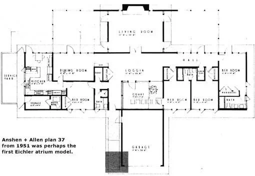 Floor plan of a house from 1951, showing living room, dining room, bedrooms, bathrooms, kitchen, storage rooms, garage, and loggia areas.