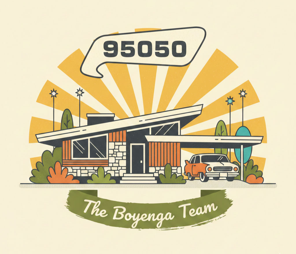 Illustration of a mid-century modern house with a car parked outside, surrounded by trees and bushes, with a sunburst background and the text '95050' in a banner above, and 'The Boyenga Team' underneath.