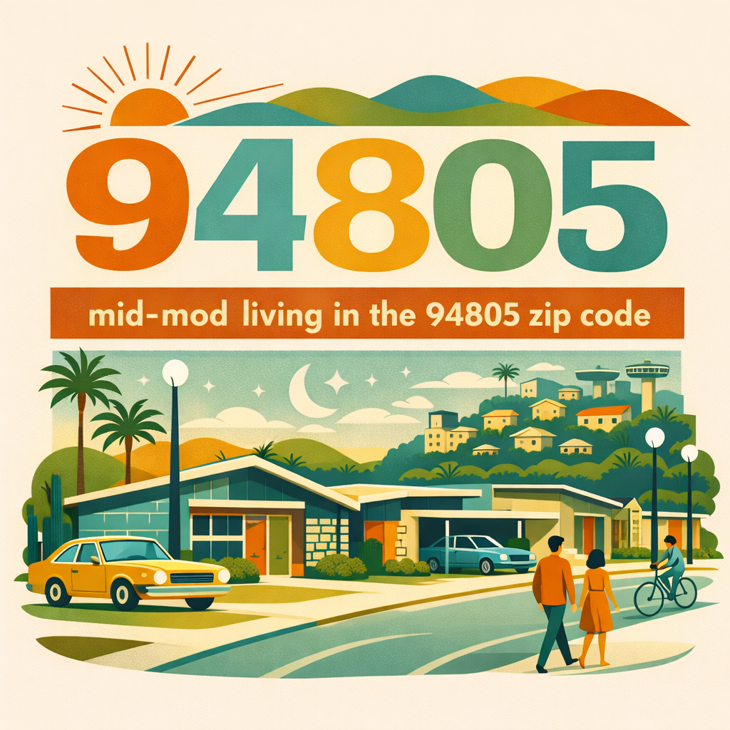 Illustration of a mid-century modern house with palm trees, cars, and people walking and biking, symbolizing living in the 94805 zip code area with a sunset and mountain background.