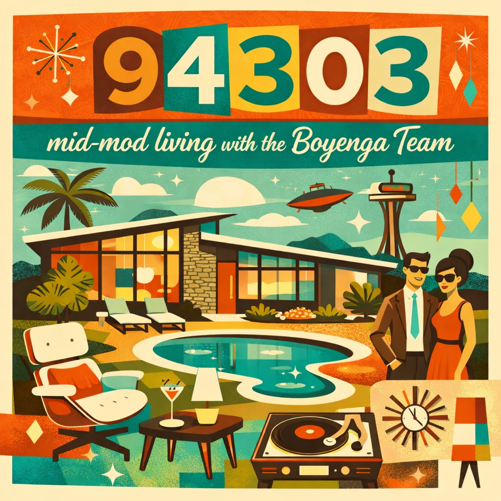Colorful animated illustration of modern mid-century house with palm trees, swimming pool, breezy outdoor furniture, a DJ turntable, and a couple in vintage-style clothing with sunglasses, under a vibrant sky with flying spaceship and space station, representing the Boyenga Team's mid-mod living style in the 94303 area.