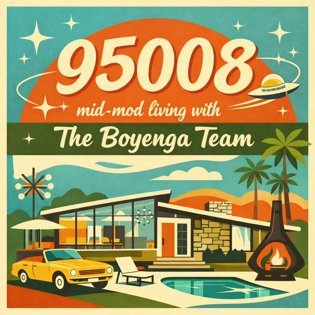 A colorful vintage-style illustration of a mid-century modern home with a swimming pool, yellow convertible car, palm trees, and a fire pit, with a sunset and stars in the sky, promoting mid-mod living with The Boyenga Team.