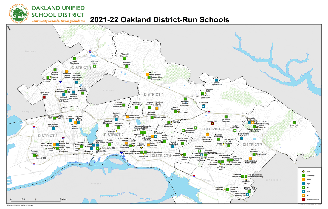 Map of Oakland Unified School District for the 2021-22 school year, showing elementary, middle, high, and special education schools with color-coded symbols.