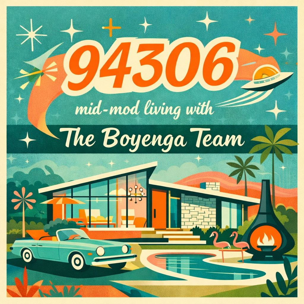 A vintage-style illustration of a mid-century modern house with a pool, surrounded by palm trees and flamingos, under a starry sky with a comet and a spaceship, with the number 94306 and the text 'mid-mod living with The Boyenga Team'.