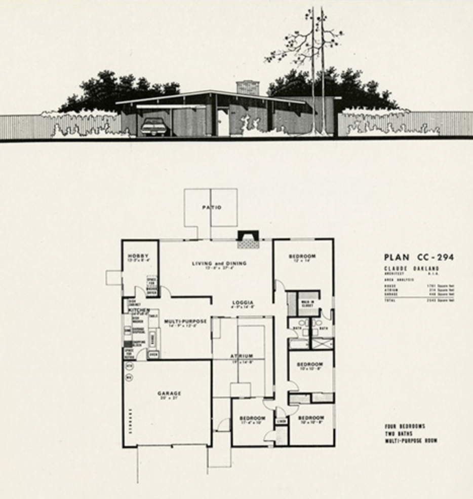 Architectural drawing of a house floor plan with labeled rooms, and an exterior view showing the house with a carport, yard, trees, and a fence.