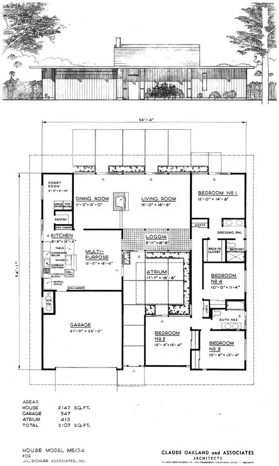 Architectural blueprint of a house floor plan with dimensions, including bedrooms, living room, dining room, kitchen, garage, atrium, loggia, and bathrooms.