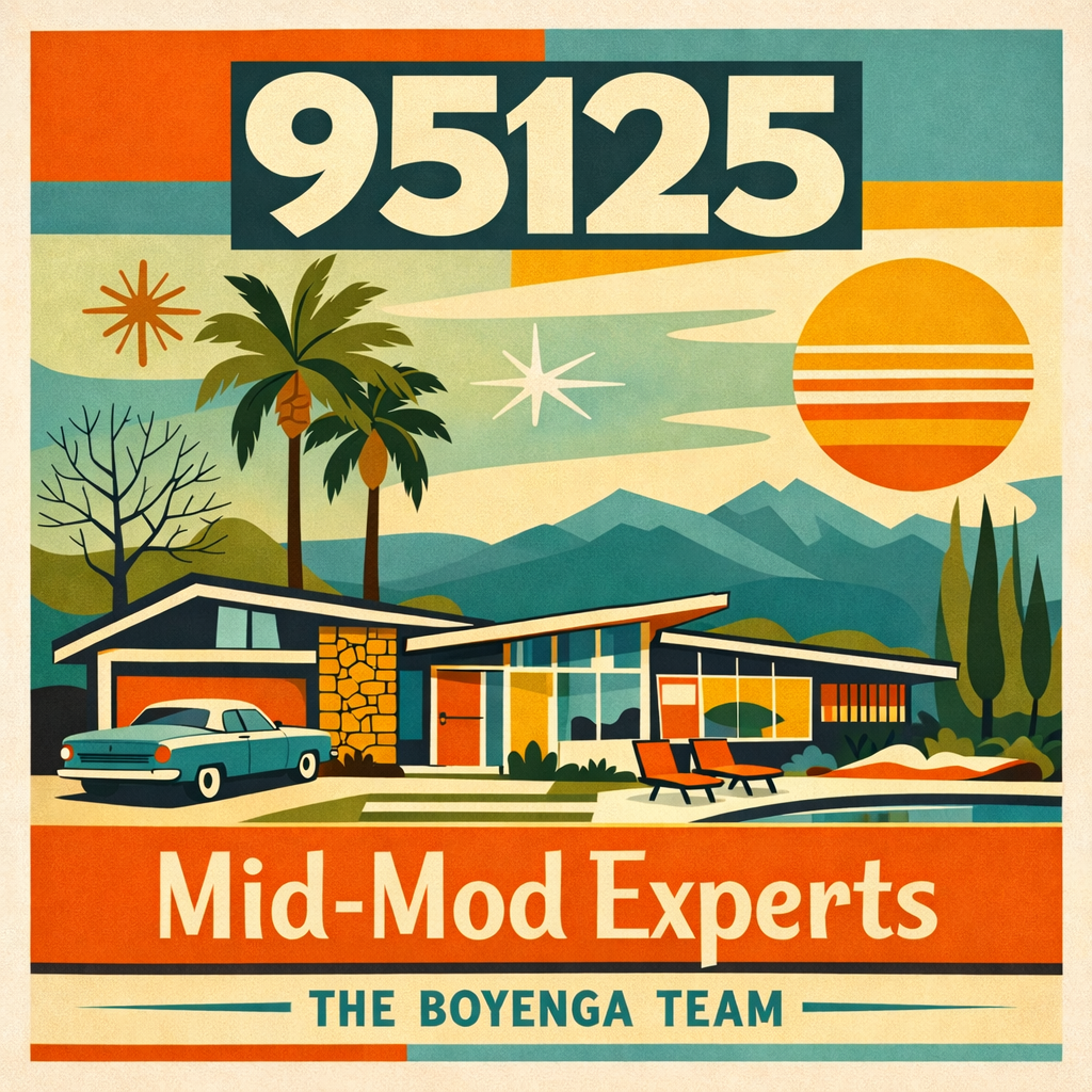 A vintage-style poster advertising "95125" by the Boyenga Team, featuring a mid-century modern house with a car parked in the driveway, palm trees, mountains in the background, and a sunset or sunrise sky.