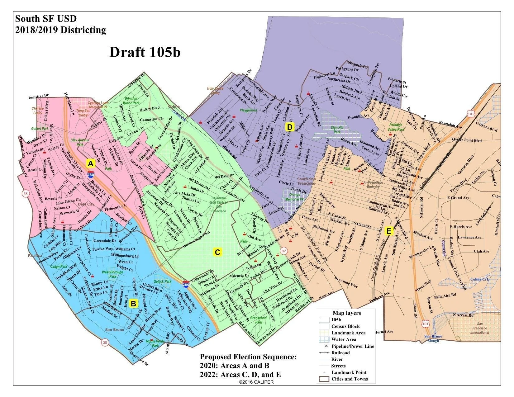 Color-coded map of South San Francisco for 2018/2019 Districting, showing areas A through E, with streets, parks, and landmarks labeled, and key indicating water areas, streets, railroads, and cities.