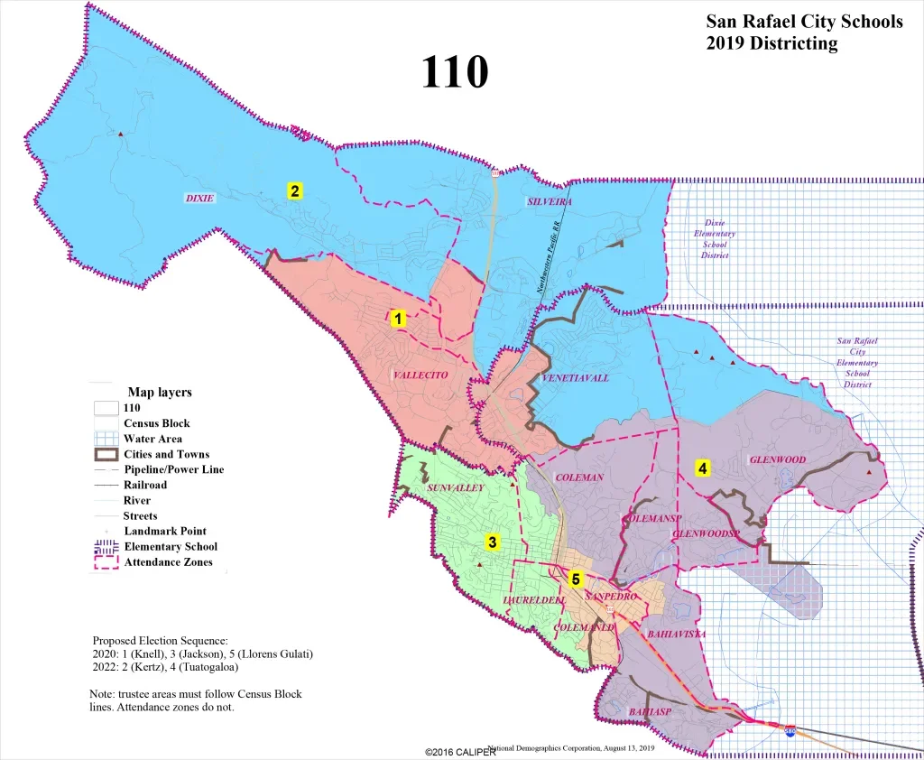 Map of San Rafael City Schools district boundaries for 2019, showing different attendance zones, cities, towns, water areas, rivers, streets, landmark points, elementary school districts, and census blocks. Includes marked sections with numbers and a proposed election sequence, with a legend explaining map layers and features.
