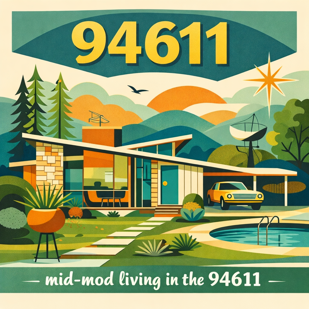 Illustration of a mid-century modern house with a carport, yellow car, swimming pool, and surrounding greenery. Background features trees, mountains, a star, and a sunset. Text reads '94611' and 'mid-mod living in the 94611'.