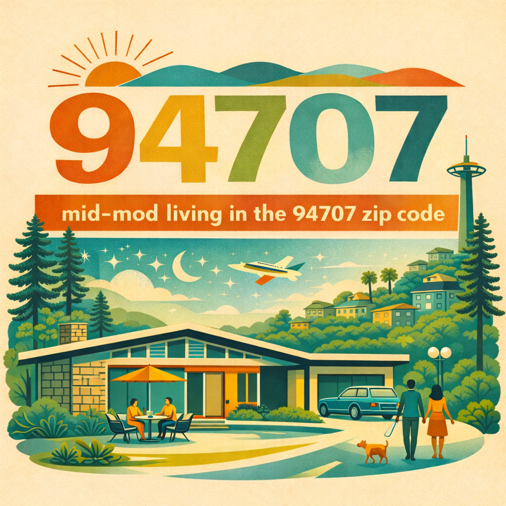 Illustration of a mid-mod house in a scenic landscape with trees, houses on hills, and a city skyline with a tower. People are sitting outside at a table, and a couple and a dog walk along a path. An airplane flies in the sky, with stars and a crescent moon. The text reads "94707" and "mid-mod living in the 94707 zip code."