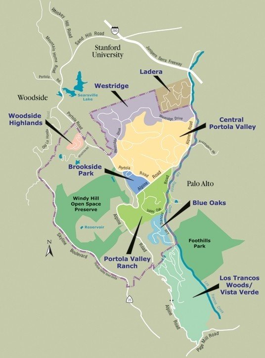 Map of the Portola Valley area showing neighborhoods and parks, including Stanford University, Windy Hill Open Space Preserve, Blue Oaks, and Los Trancos Woods/Vista Verde, with roads and natural features.