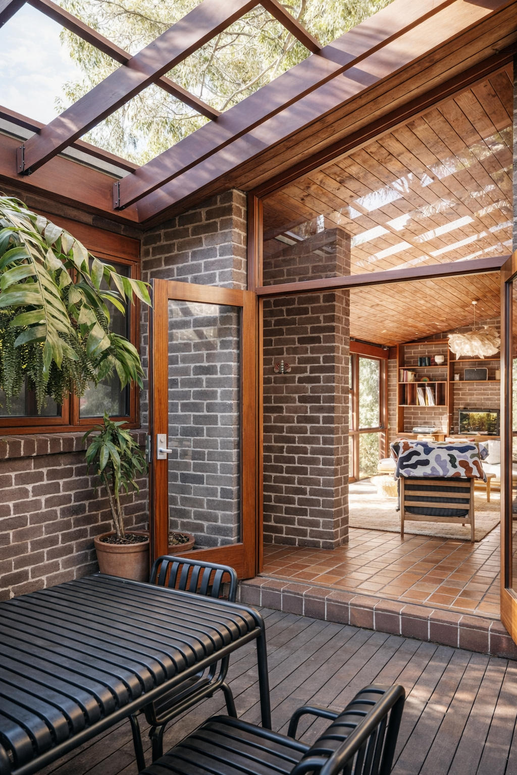 A cozy indoor-outdoor living space with brick walls, a glass ceiling, and warm wooden accents. There are potted plants and black metal furniture on a wooden deck, with a view into a living room furnished with a patterned couch, a bookshelf, and large windows.