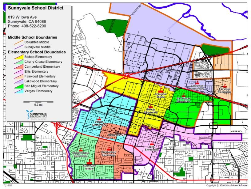 Map of Sunnyvale School District with boundaries for middle and elementary schools, including Bishop, Cherry Chase, Cumberland, Ellis, Fairwood, Lakewood, San Miguel, and Vargas Elementary, as well as district office and major roads.