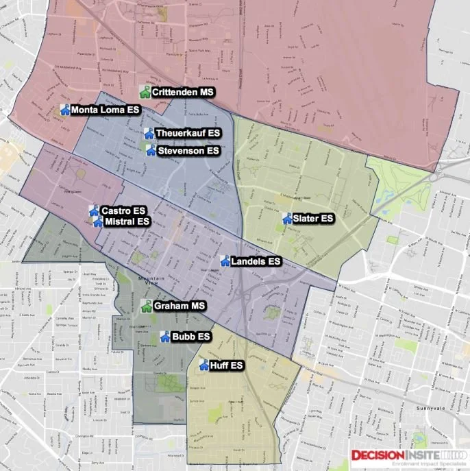 Map of a school district showing boundaries and schools including Monta Loma Elementary, Crittenden Middle School, Theuerkauf Elementary, Stevenson Elementary, Castro Elementary, Mistral Elementary, Landels Elementary, Slater Elementary, Graham Middle School, Bubb Elementary, and Huff Elementary.