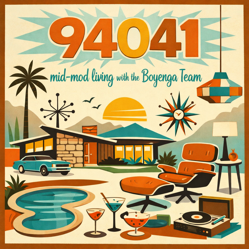 Illustration of a mid-century modern living room with a view of a house, a pool, a car, cocktails, a record player, and sunset scenery, with large orange and yellow '94041' text and the phrase 'mid-mod living with the Boyenga Team'.