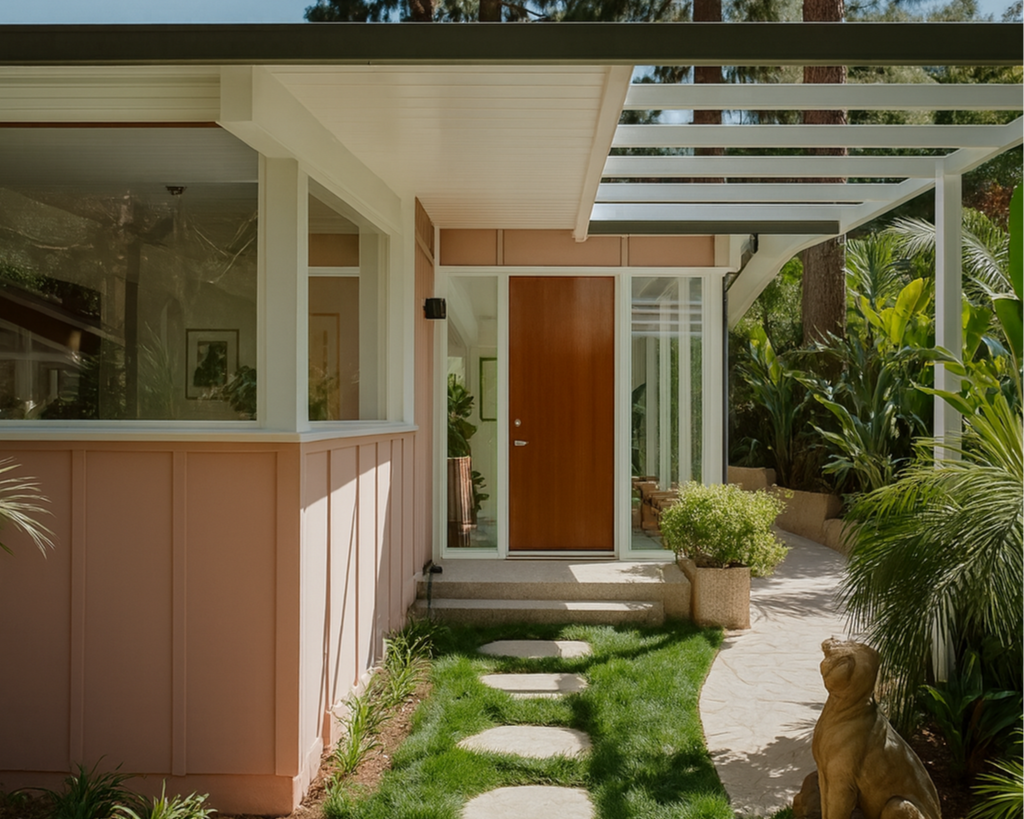 View of a modern house entrance with a wooden door, glass panels, a small pathway with circular stepping stones, surrounded by green plants and a dog statue.