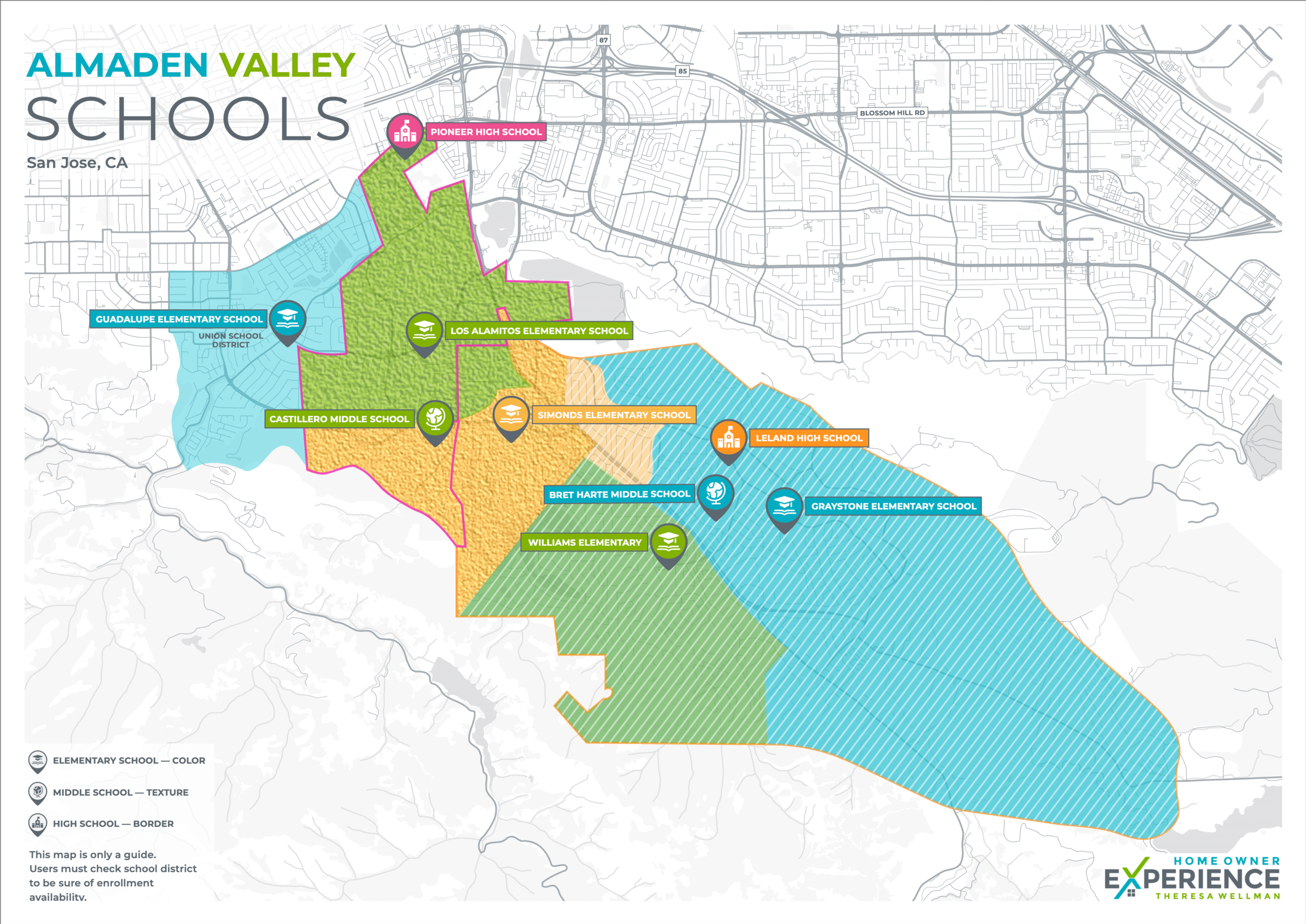 Map of Almaden Valley schools in San Jose, CA, showing school districts, elementary, middle, and high schools with various colors, textures, and borders.