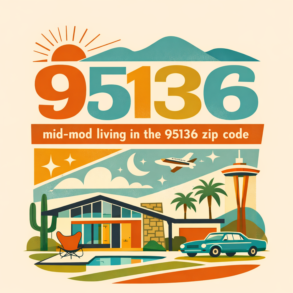 Illustration of a mid-century modern house with a swimming pool, cactus, and palm trees, set against a sunset and mountain background. Features flying airplane, space-themed elements, and a space needle, representing the zip code 95136 in California.
