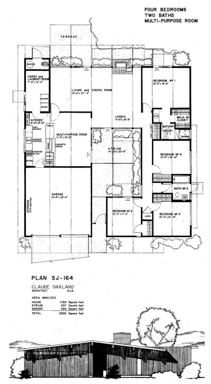 Architectural floor plan of a house with four bedrooms, two bathrooms, a multi-purpose room, garage, living and dining areas, and outdoor patio and garden spaces.