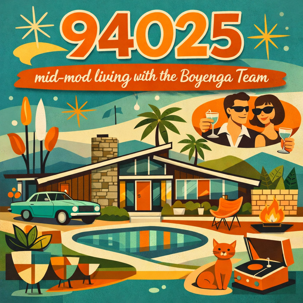 Retro-style illustration of a mid-century modern house with a swimming pool, palm trees, a vintage car, and outdoor firepit. Features a cat, drinks, a record player, and a woman and man wearing sunglasses, with a 94025 zip code and the text 'mid-mod living with the Boyenga Team'.