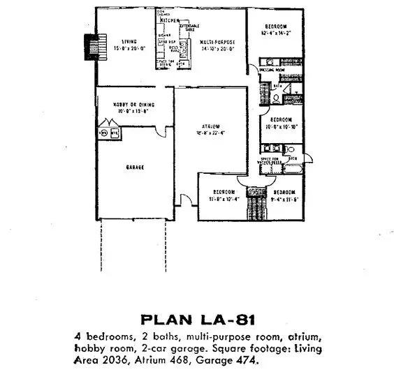 A detailed floor plan of a house showing four bedrooms, two bathrooms, a multi-purpose room, an atrium, a hobby room, a kitchen, a dining area, a living room, and a two-car garage. Various dimensions and layout details are included.
