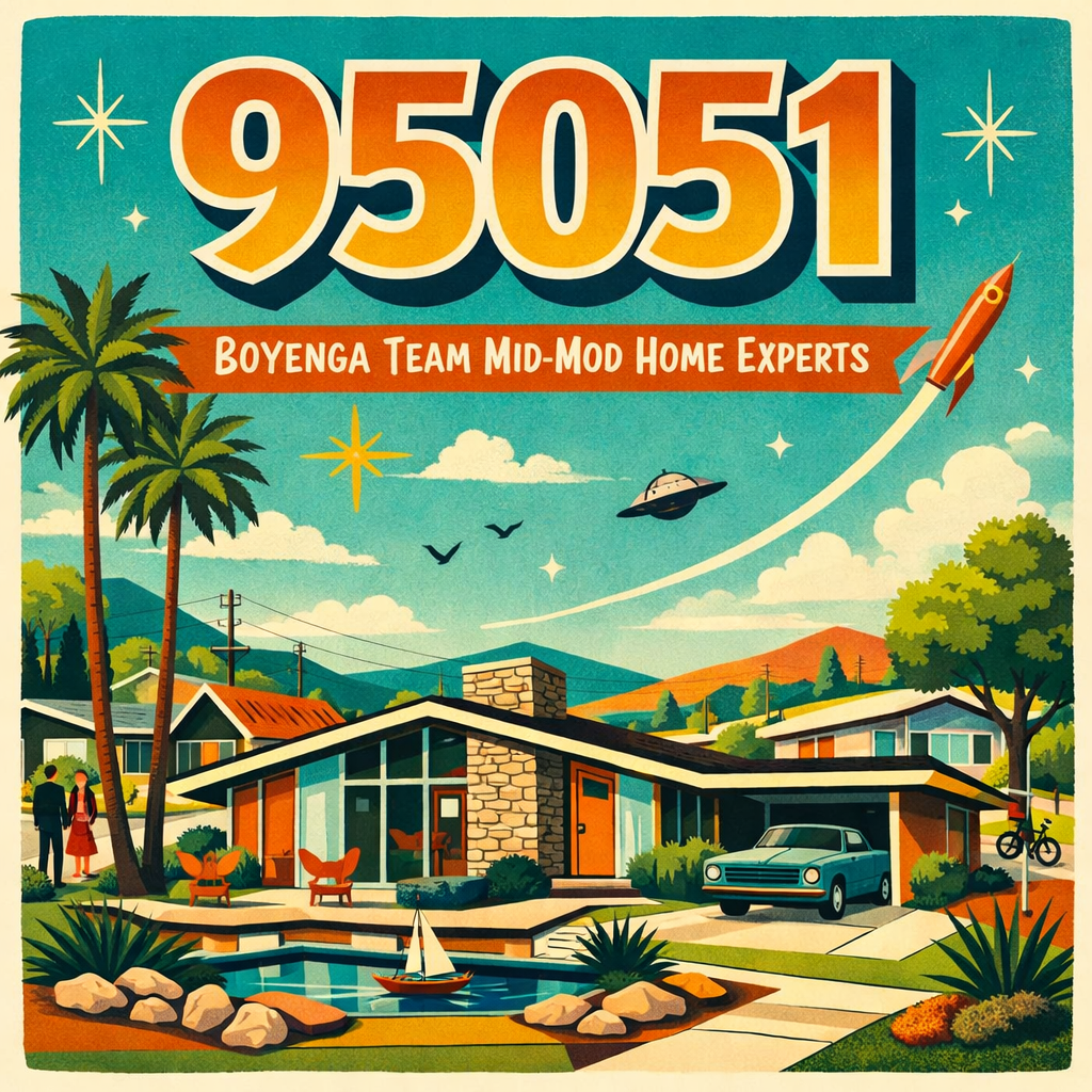 Illustration of a mid-century modern house with a swimming pool, palm trees, and a lawn in a suburban neighborhood, with mountains in the background. The scene includes a boat on a pond, a bicycle, and a car parked outside. The sky shows stars, clouds, a UFO, and a rocket. Text reads '95051 Boyenga Team Mid-Mod Home Experts'.