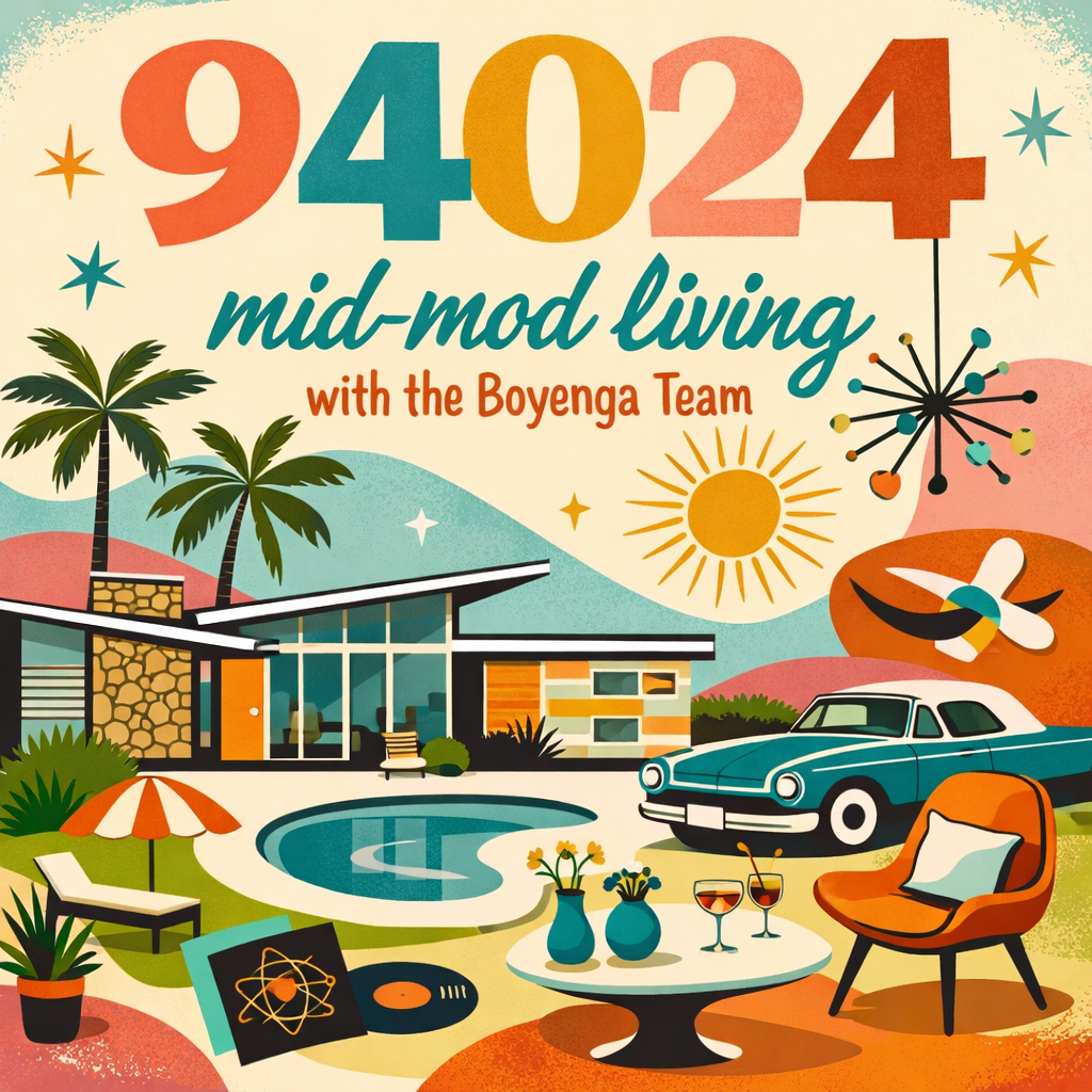 Illustration of a mid-century modern house with a pool, surrounded by palm trees, vintage car, lounge chair, and decorative elements, with large colorful numbers '94024' and text 'mid-mod living with the Boyenga Team' in a retro style.