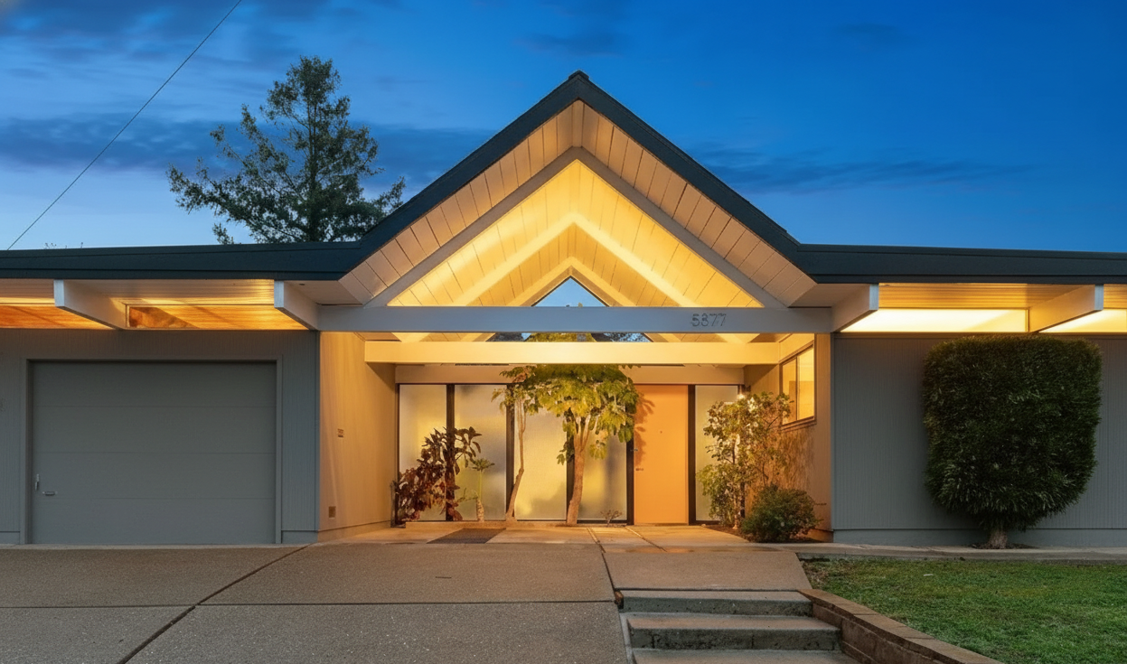 Front view of a modern house with a peaked roof, illuminated entrance, and greenery, during twilight.