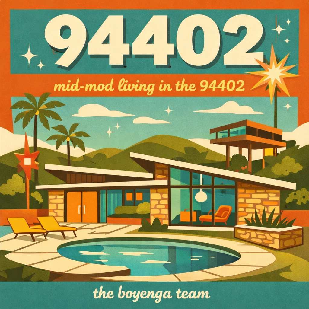 Illustration of a mid-century modern house with a swimming pool, surrounded by palm trees, mountains, and a blue sky with clouds. Text applies: '94402', 'mid-mod living in the 94402', and 'the boyenga team.'